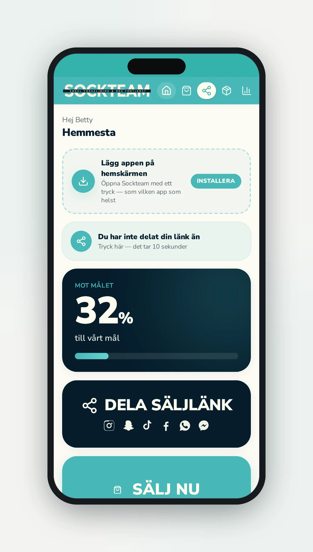 Exempel på Sockteam-appen i mobilen med måluppföljning, dela säljlänk och sälj nu-knapp
