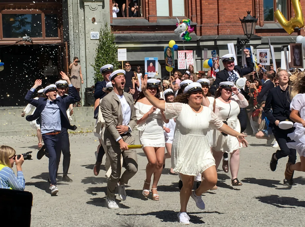Studenter springer ut från skolan på studentdagen