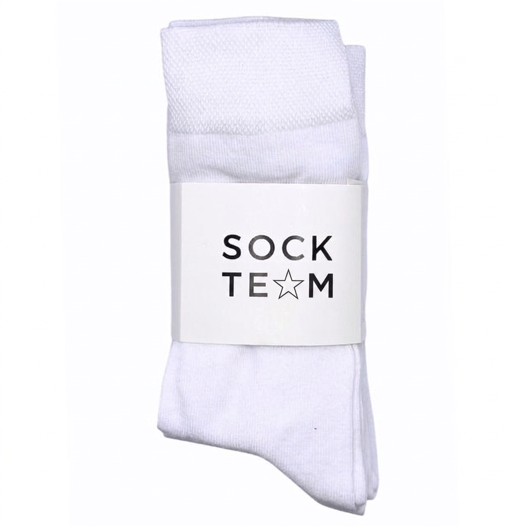 Vit hög strumpa med Sockteams logotyp