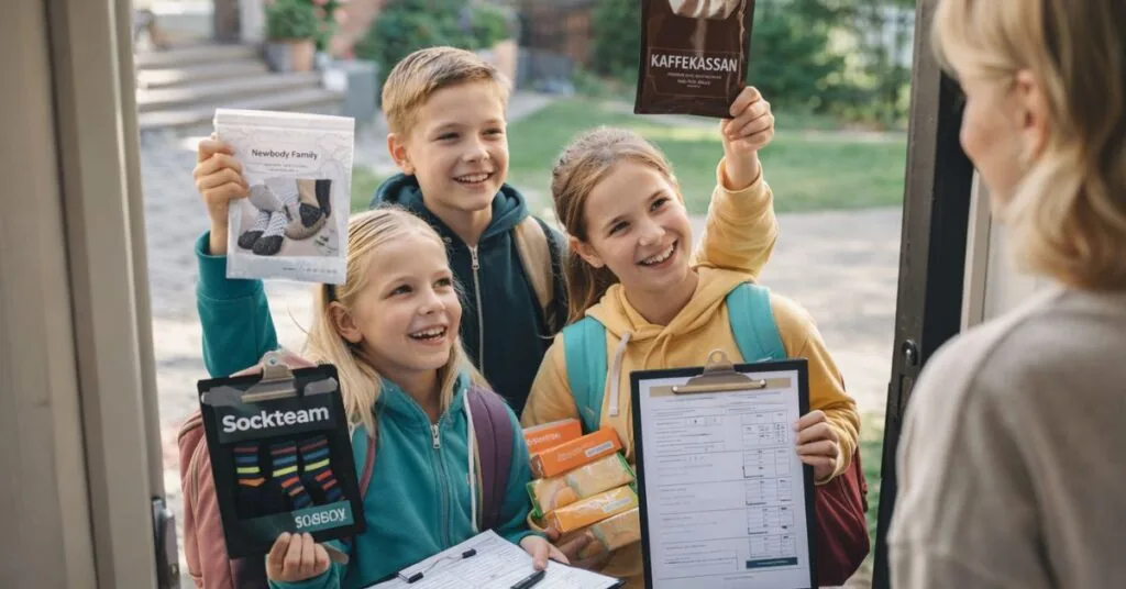 Barn som knackar dörr och säljer produkter för att tjäna pengar till klassen.
