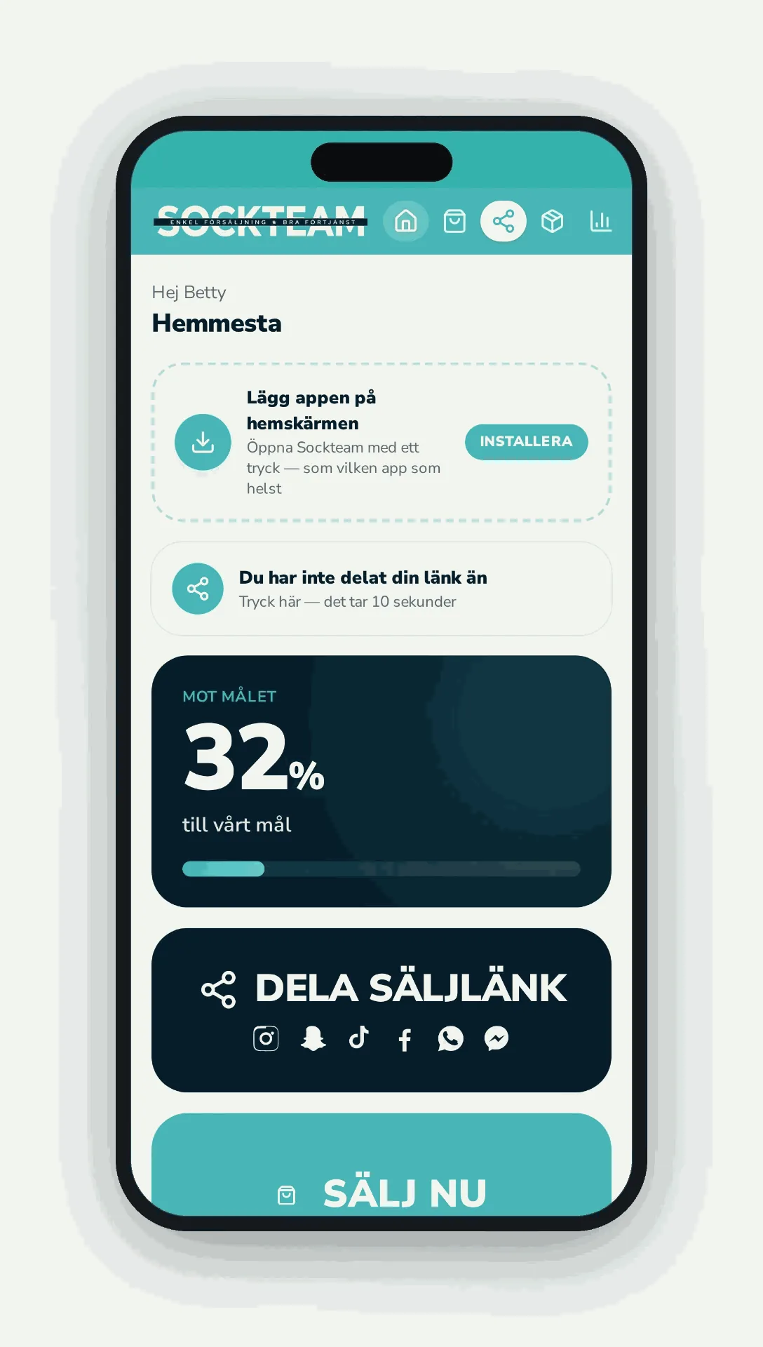Exempel på Sockteam-appen i mobilen med måluppföljning, dela säljlänk och sälj nu-knapp