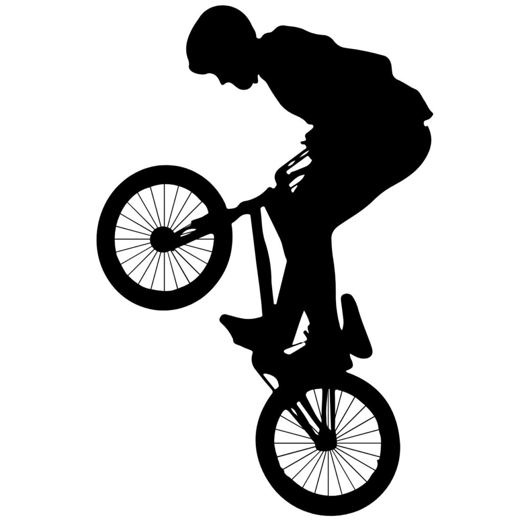 Svartvit bild av en BMX-åkare i luften utför ett imponerande trick