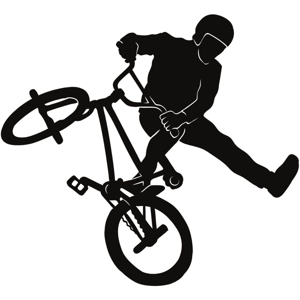 Svartvit bild av en BMX-åkare i luften utför ett imponerande trick