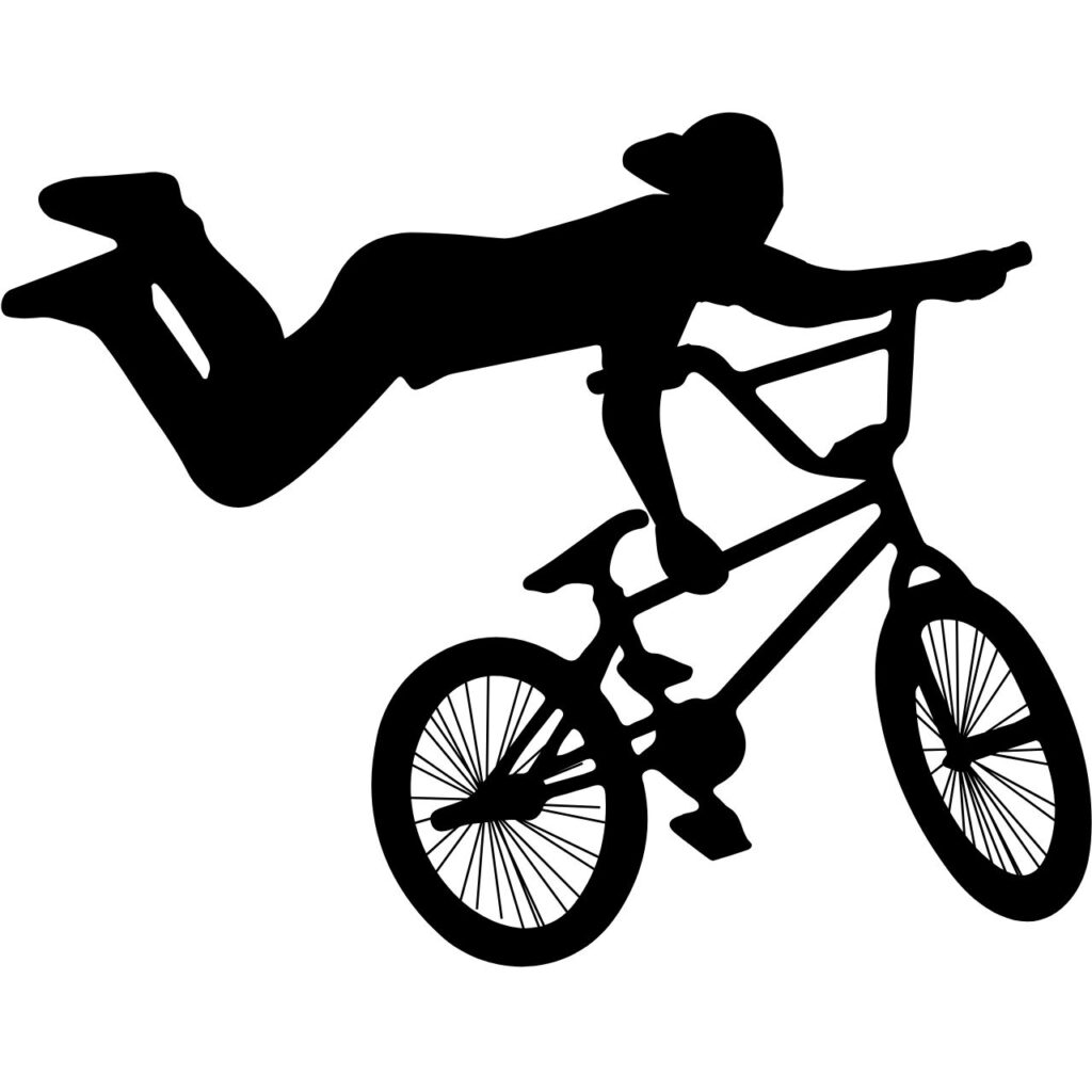 Svartvit bild av en BMX-åkare i luften utför ett imponerande trick.
