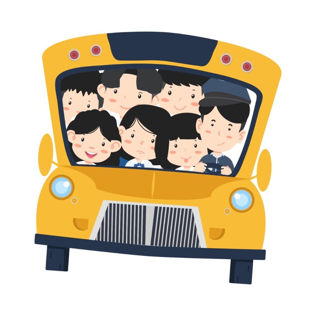 Färgglad bild av en buss full av glada skolelever, redo för äventyr