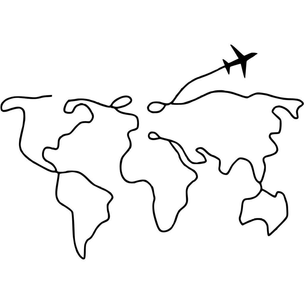 Svartvit siluett av ett flygplan som skapar världskartan under sitt flyg