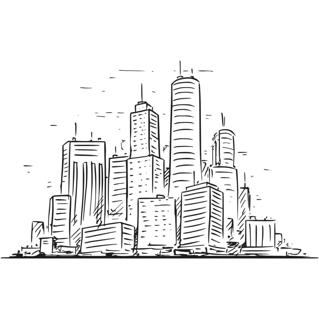 Svartvit siluett av New Yorks berömda skyline