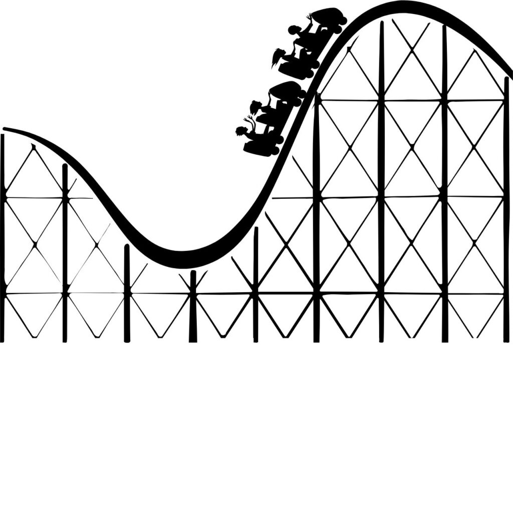 Svartvit grafisk illustration av en stiliserad berg- och dalbana