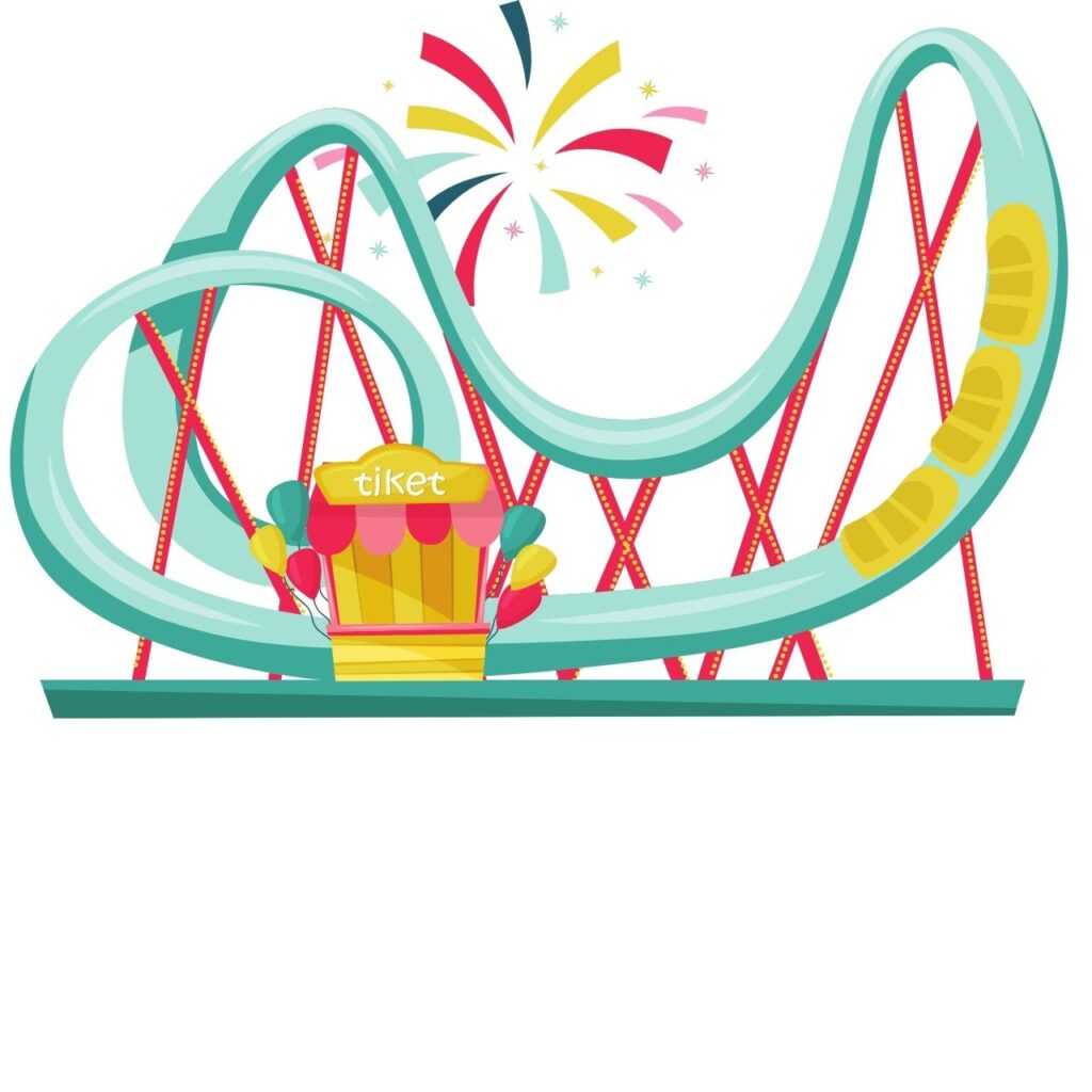 Glad och färgglad tecknad bild av en nöjespark med karuseller och attraktioner