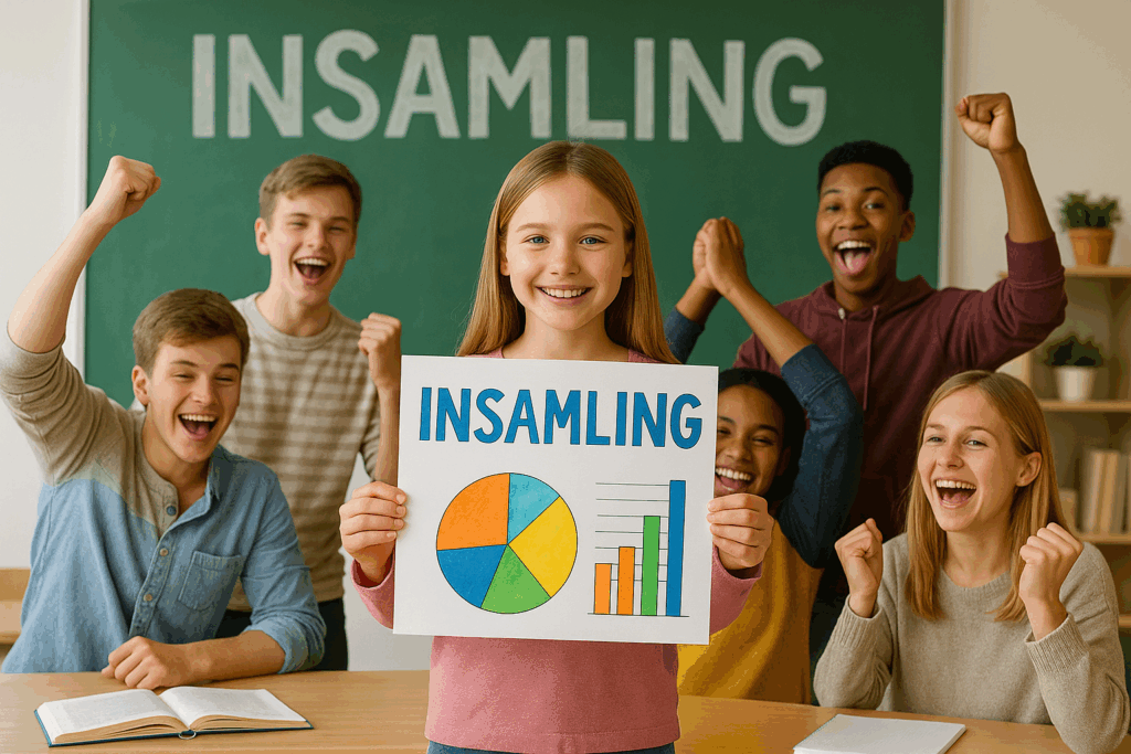 Svenska elever som firar sin gemensamma insamling i klassrummet och visar resultatet på en poster.