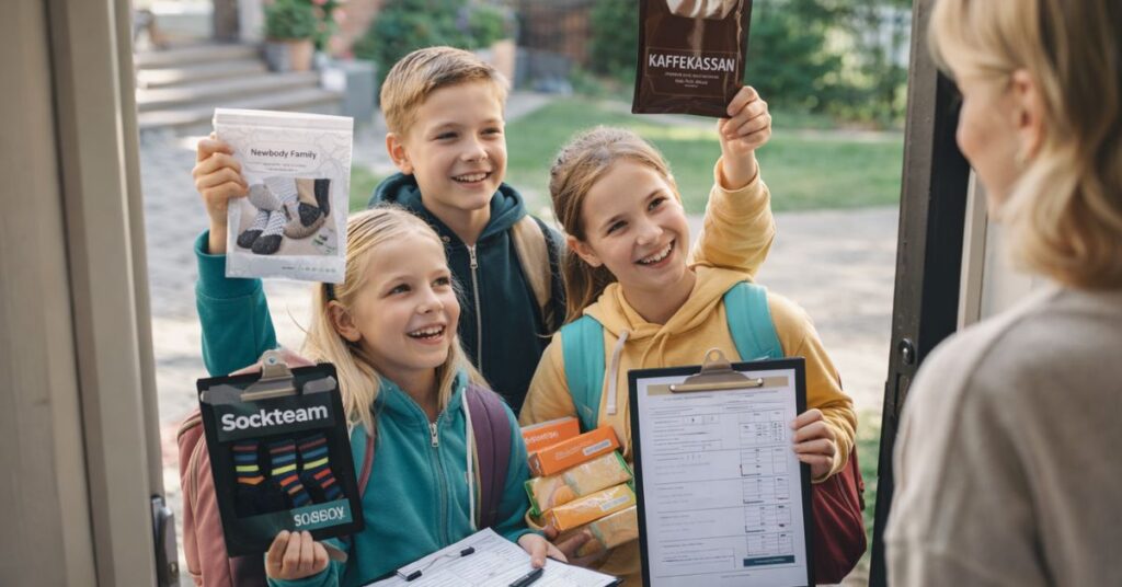 Barn som knackar dörr och säljer produkter för att tjäna pengar till klassen.
