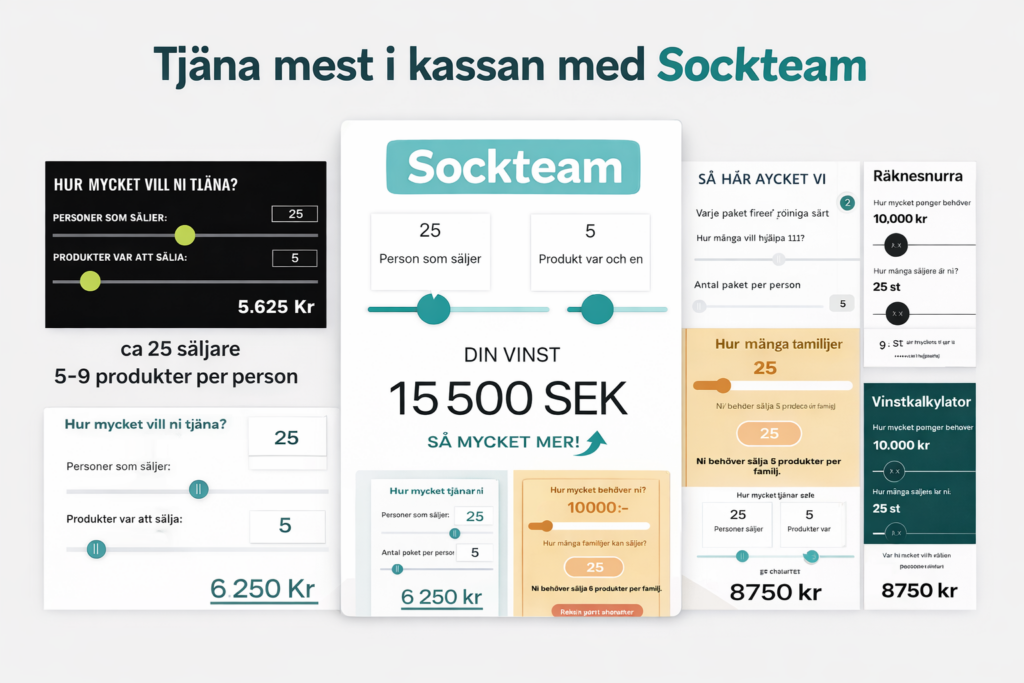 Klassförsäljning jämförelse som visar hur mycket klassen tjänar med Sockteam jämfört med Newbody, Klasslaget och Kaffekassan.