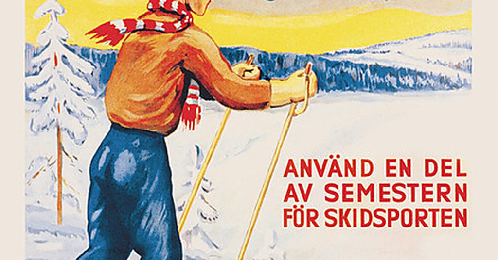 Retroaffisch med skidåkare i snöigt landskap och text om vintersport